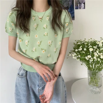 Naiste korea Stiilis Suvel Kõik-mängu Sweet T-särgid Tüdruk Flower Roheline Print T-särk O-Kaeluse Lühikese Varrukaga Topid Naine Streetwear